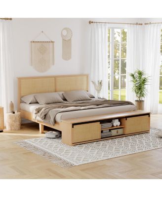 Rattan Platform Bed with Sliding Barn Door Storage Cabinets, LED Headboard, Boho Farmhouse Design, Wooden Leg Support
