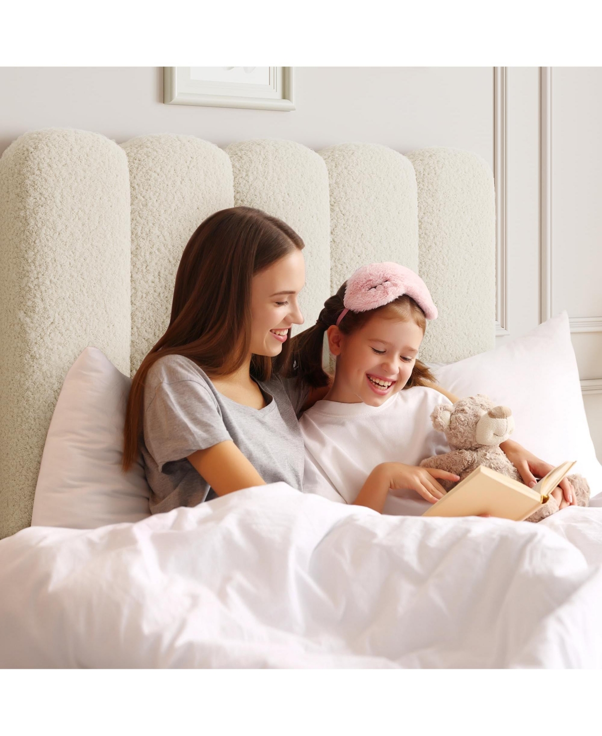 homfan Twin Bed Frame with Under-Bed Drawer, Boucle Upholstered Platform Wave Headboard for Kids/Girls, Wooden Slats Support