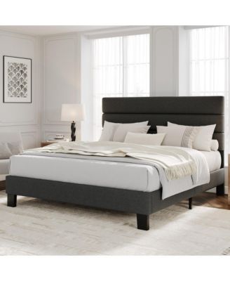 Modern Platform Bed Frame, Adjustable Linen Headboard, Heavy Duty Wooden Slats, No Box Spring Needed, Easy Assembly