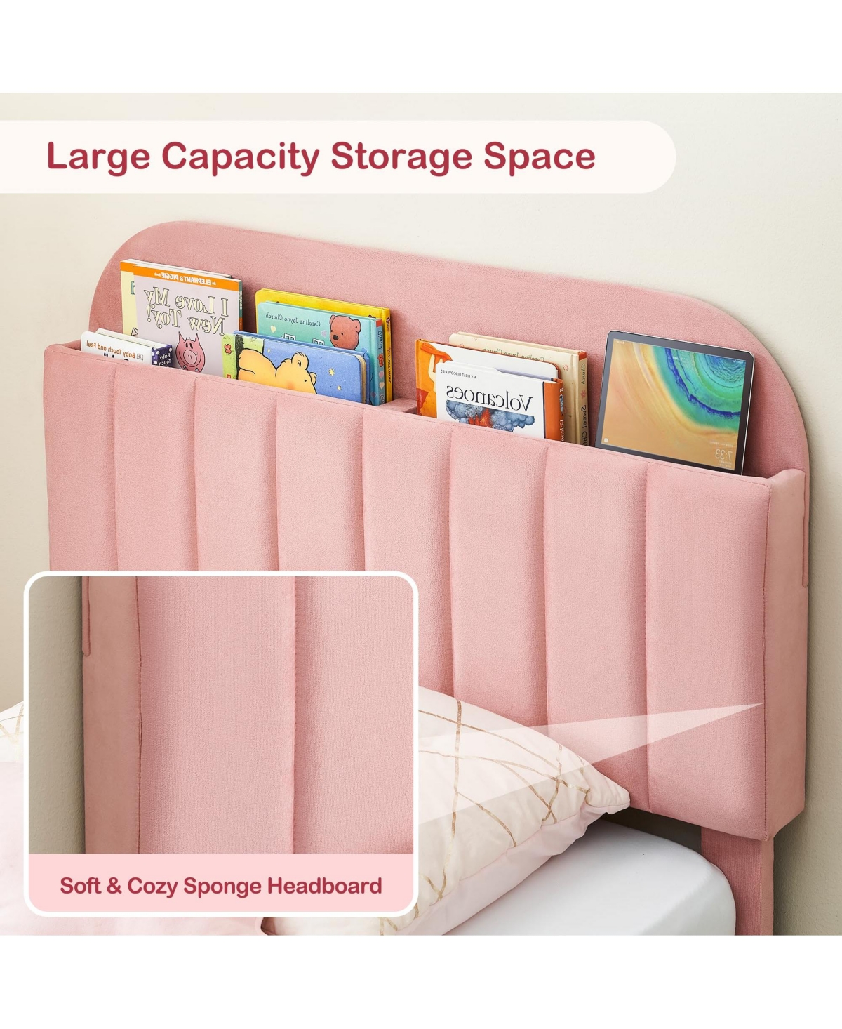 homfan Set of 2 Twin Upholstered Beds with Bookcase Headboards, Steel and Wood Slat Support, Quiet Design, Simple Assembly