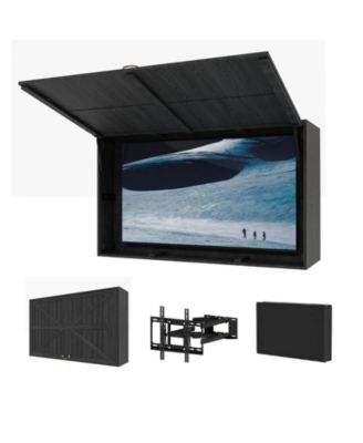 Waterproof Wooden Outdoor TV Enclosure for 44-55inch TVs, Fold-Up Door with Adjustable Telescopic Bracket, Wall-Mounted Storage Cabinet