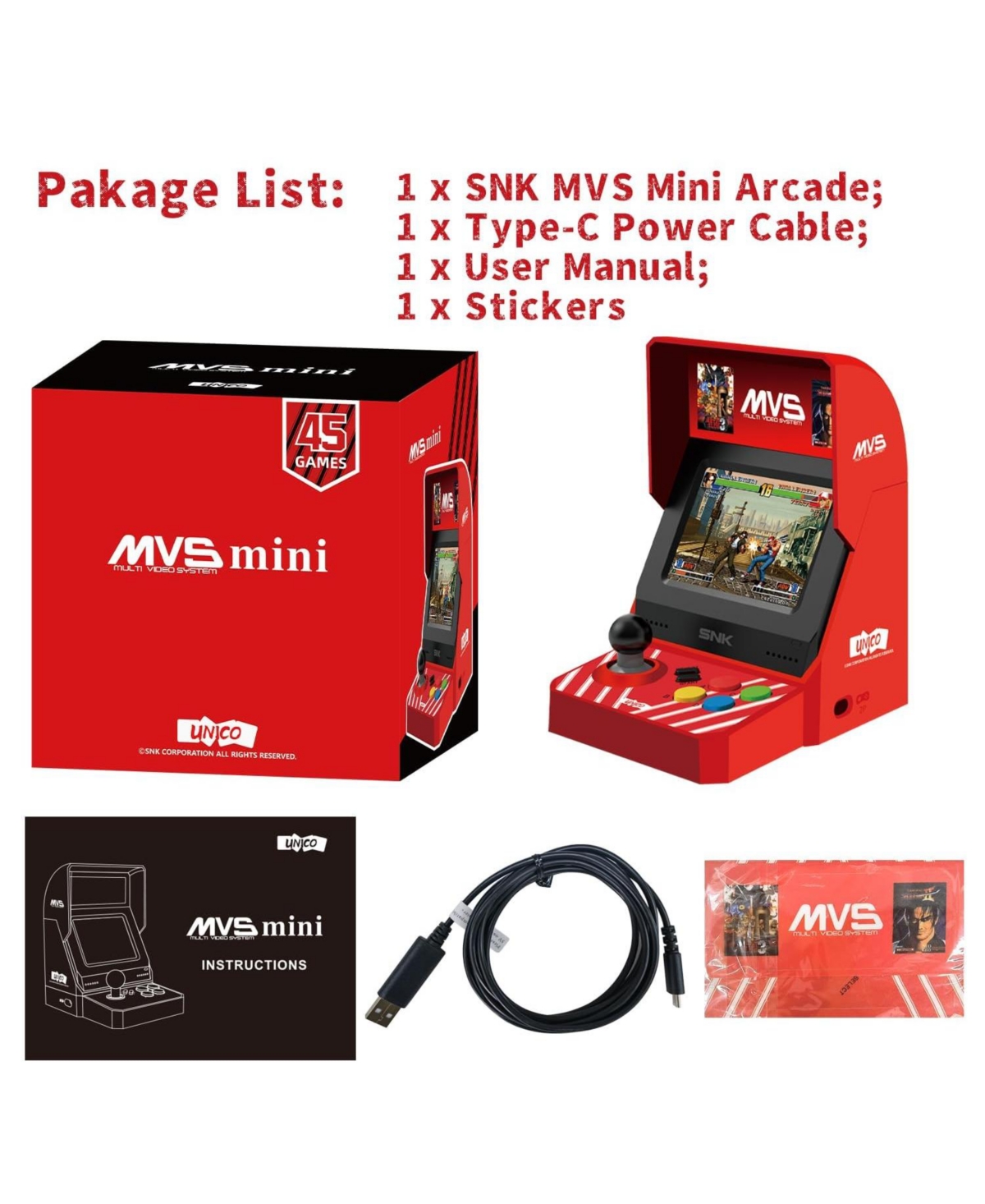 Unico Mvs Mini Home Arcade Console with Controller and 45 Snk Classic Games Including King of Fighters, Metal Slug, Samurai Showdown and More