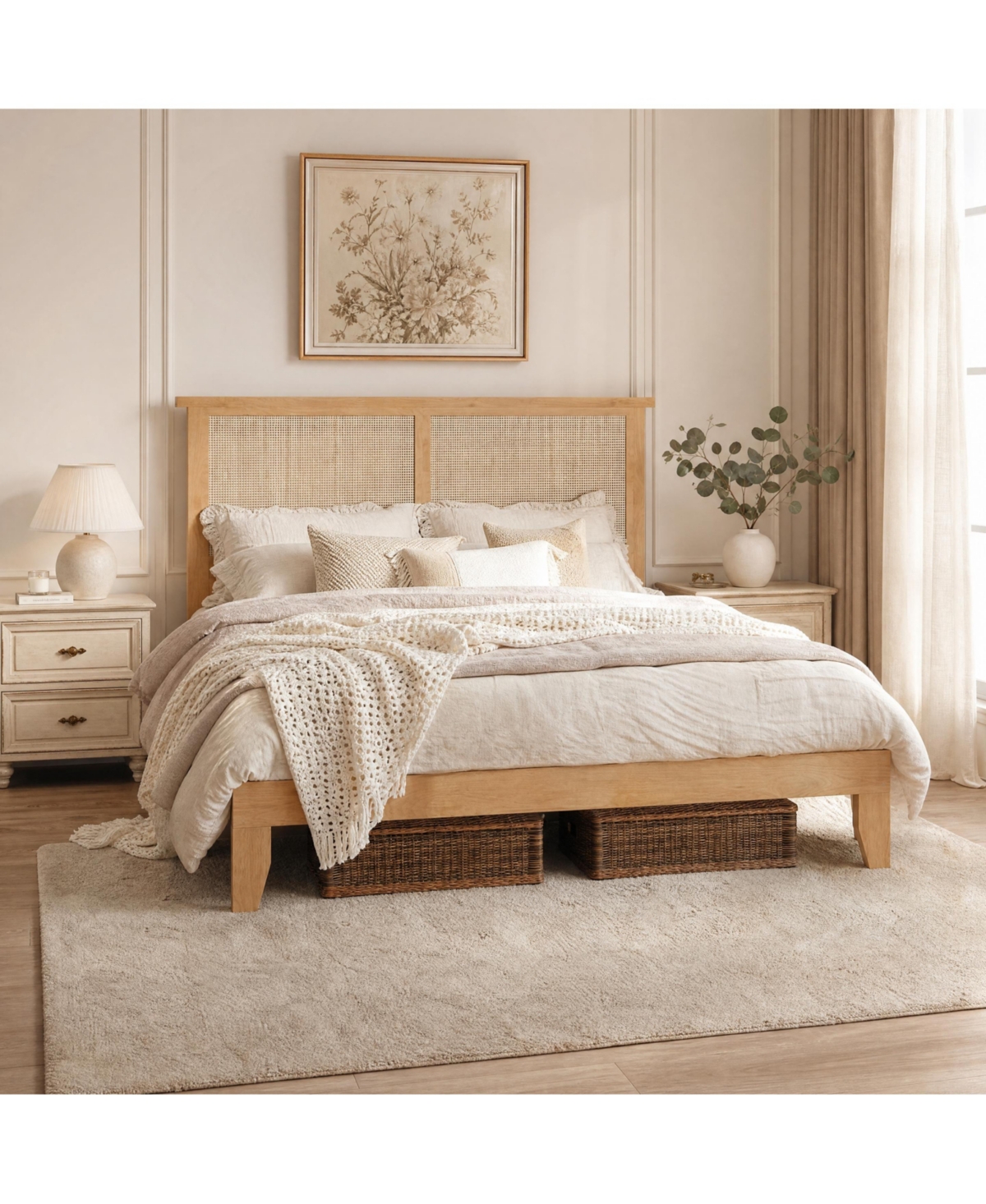 Homfan Bed Frame with Rattan Headboard, Platform Bed Frame with Led Lights