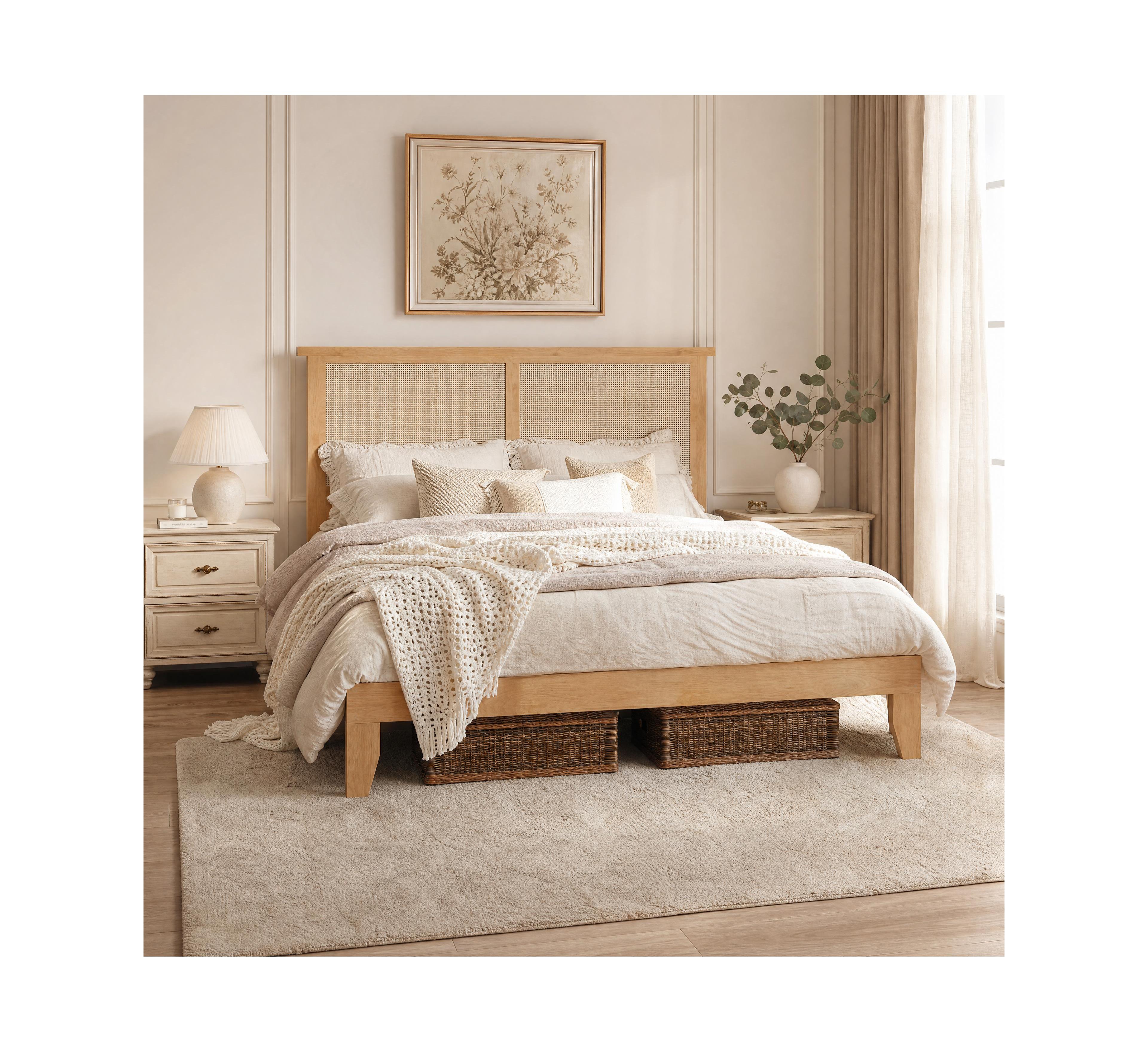Homfan Bed Frame with Rattan Headboard, Platform Bed Frame with Led Lights