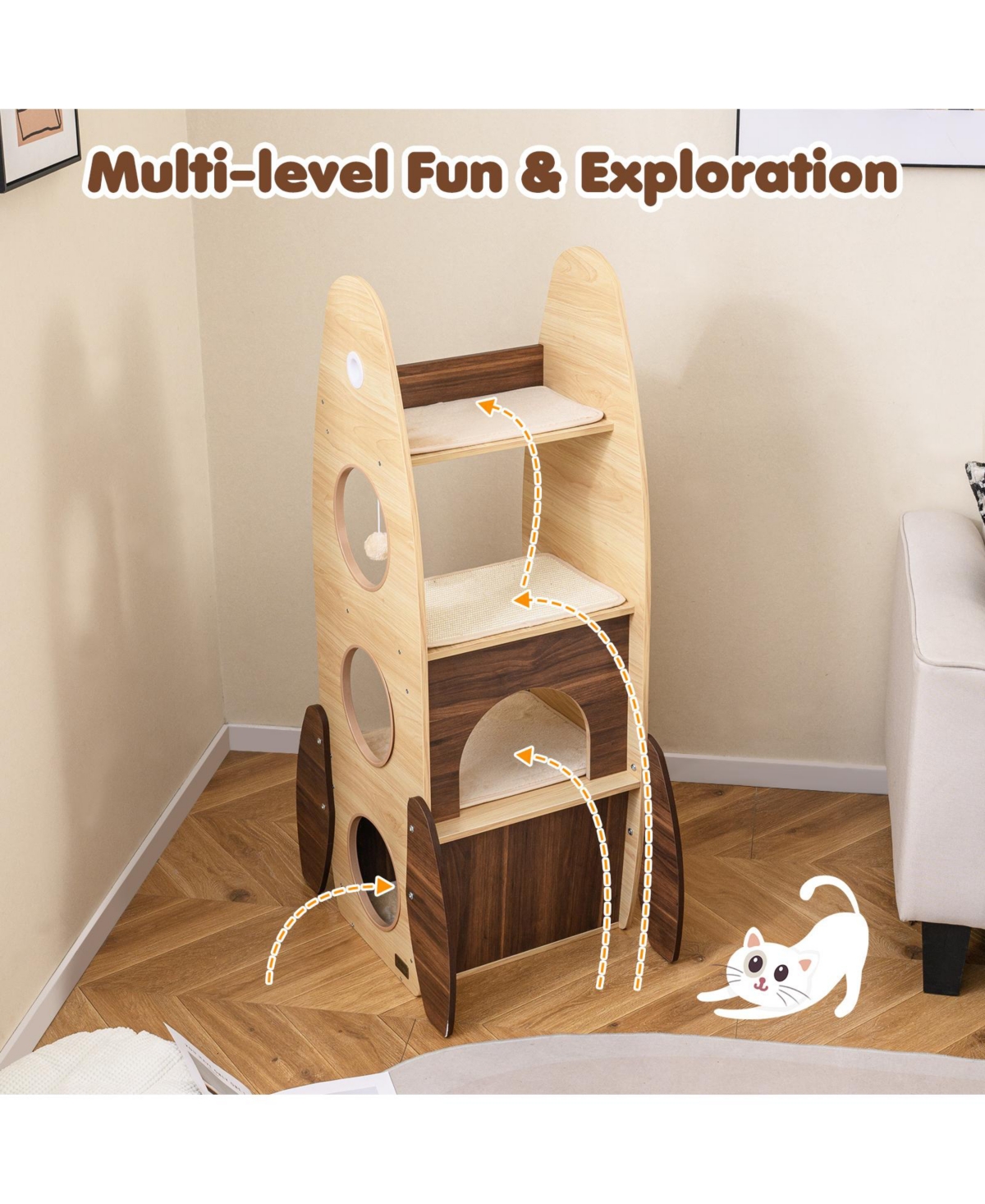 Cozito Rocket Cat Tree 47 in Wooden Cat Tower for Indoor Cats
