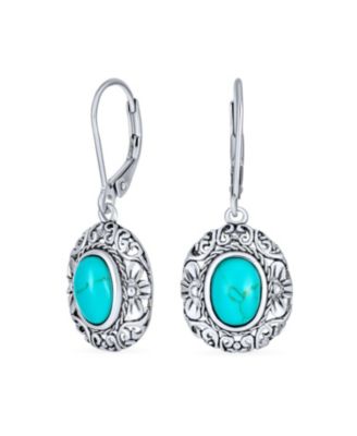 Bali Style Natural Oval Turquoise Floral Scroll Filigree Drop Earrings .925 Sterling Silver