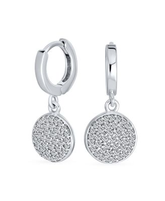 Geometric CZ Pave Circle Coin Drop Huggie Mini Hoop Earrings .925 Sterling Silver