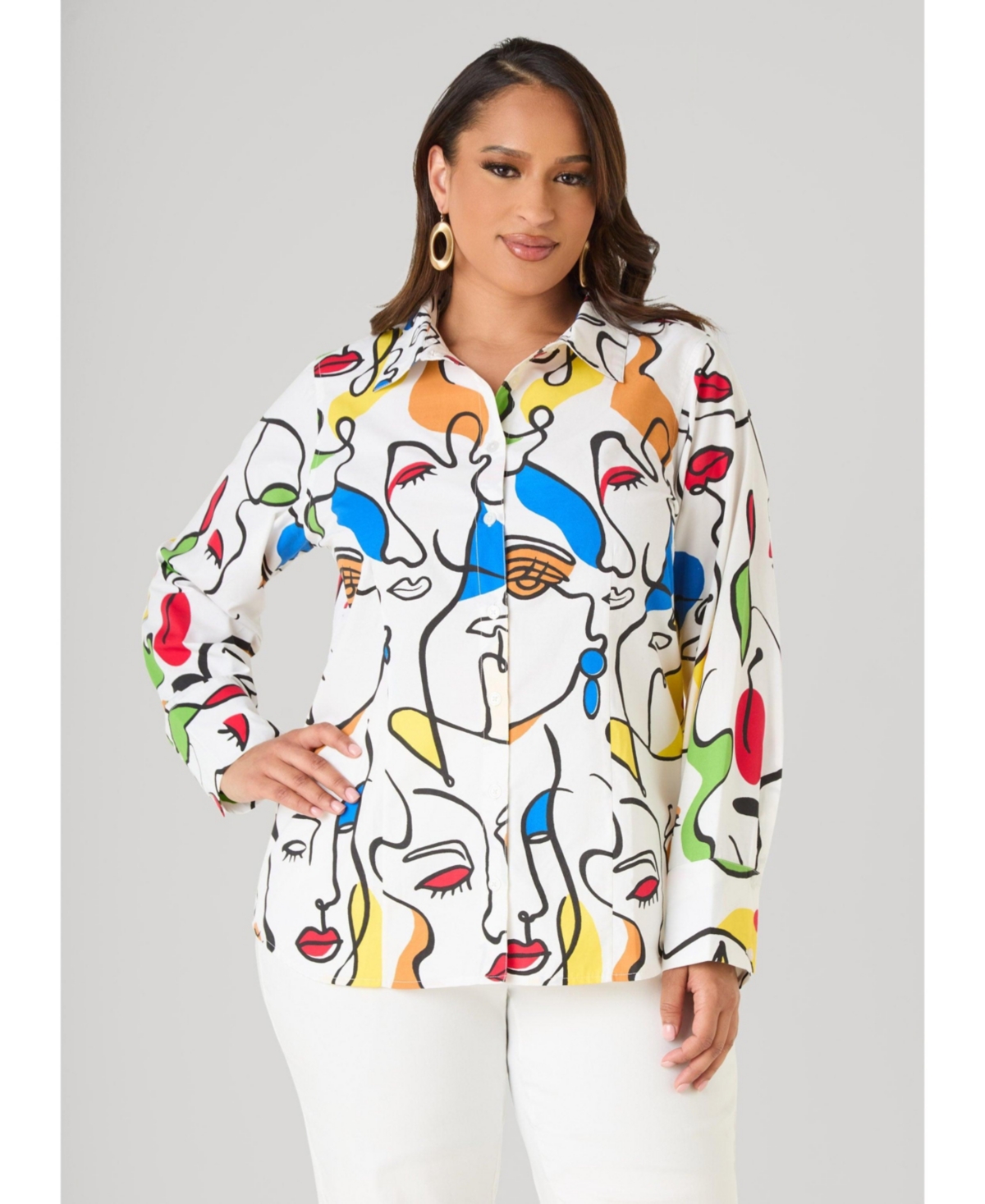 Ashley Stewart Women's Face Print Collared Shirt