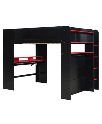 Wood Bunk Bed with Desk, Wardrobe, Storage, RGB Light