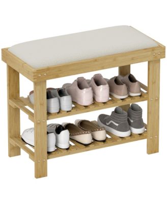 Bamboo Shoe Bench, Entryway Bench with Storage and Cushion
