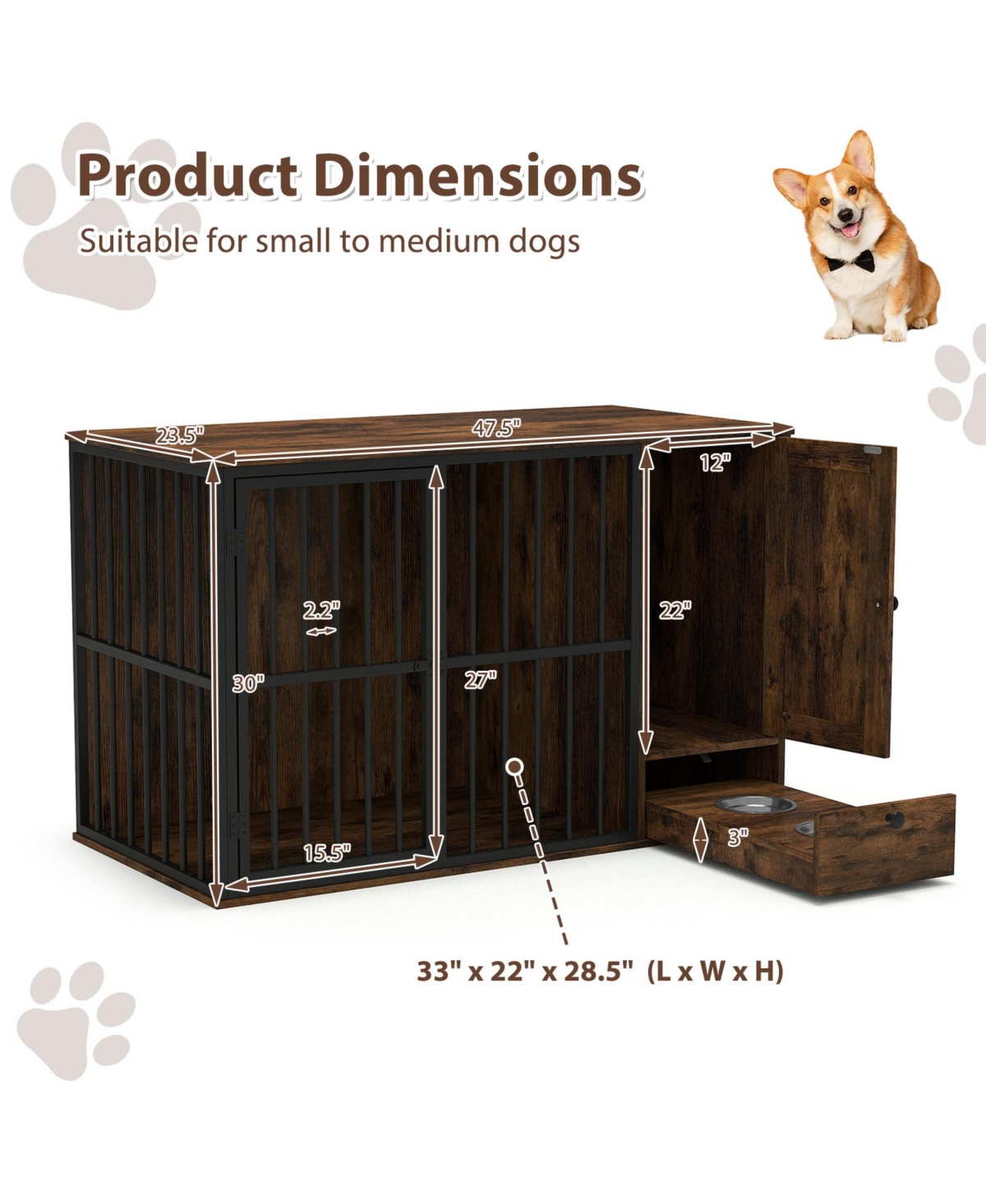 Cozito 47.5 in Dog Crate Furniture with Hidden Pull-Out Bowls for Small and Medium Dogs
