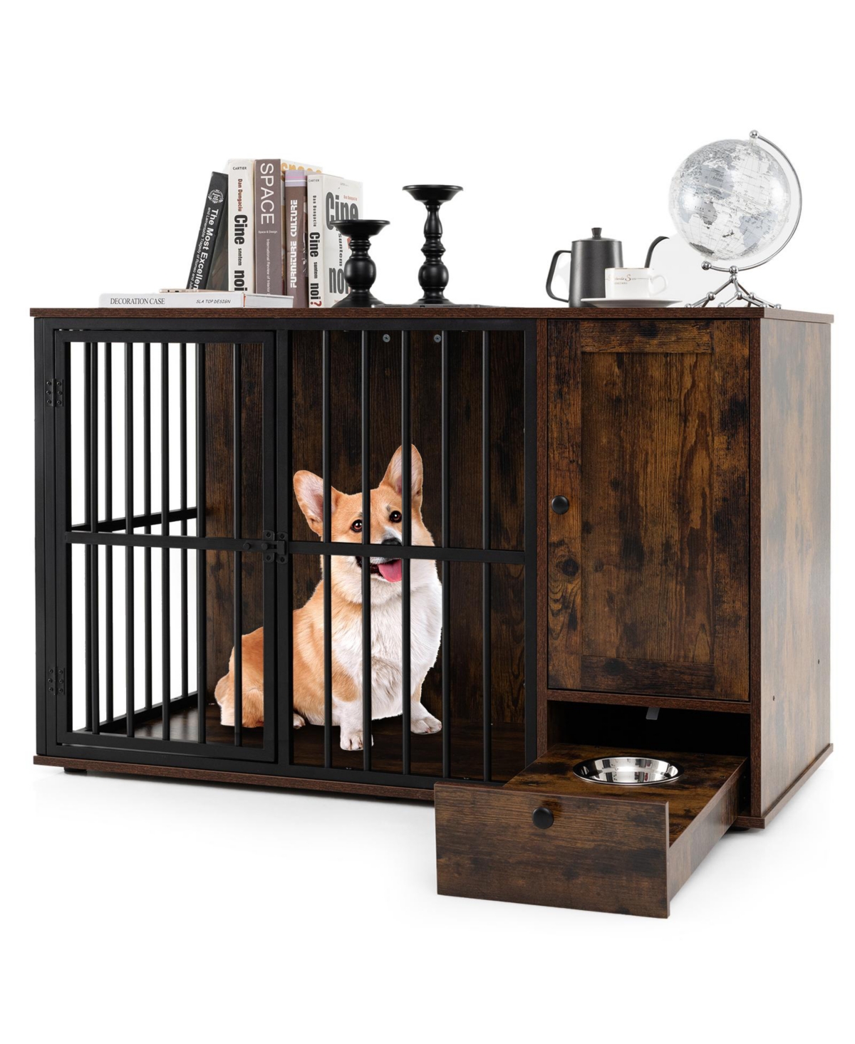 Cozito 47.5 in Dog Crate Furniture with Hidden Pull-Out Bowls for Small and Medium Dogs