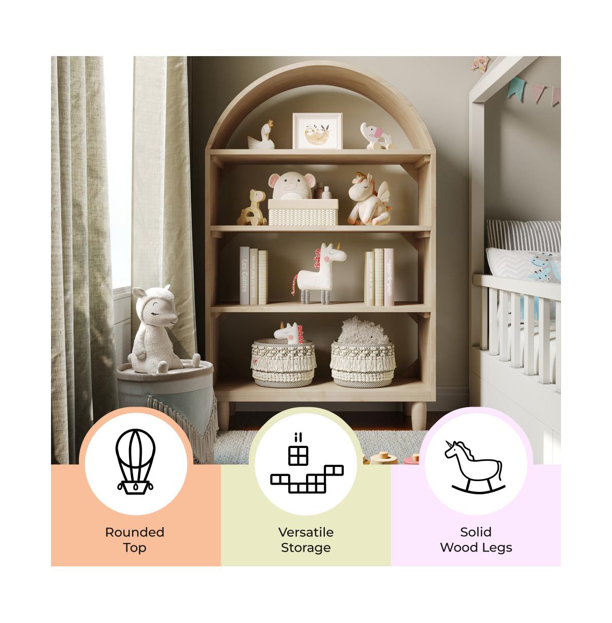 Wood Open Bookshelf with Covered Rounded Top, 4 Shelves, and Cylindrical Legs