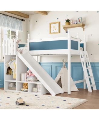 Loft Bed with Storage, Wardrobe, and Slide, Solid Wood