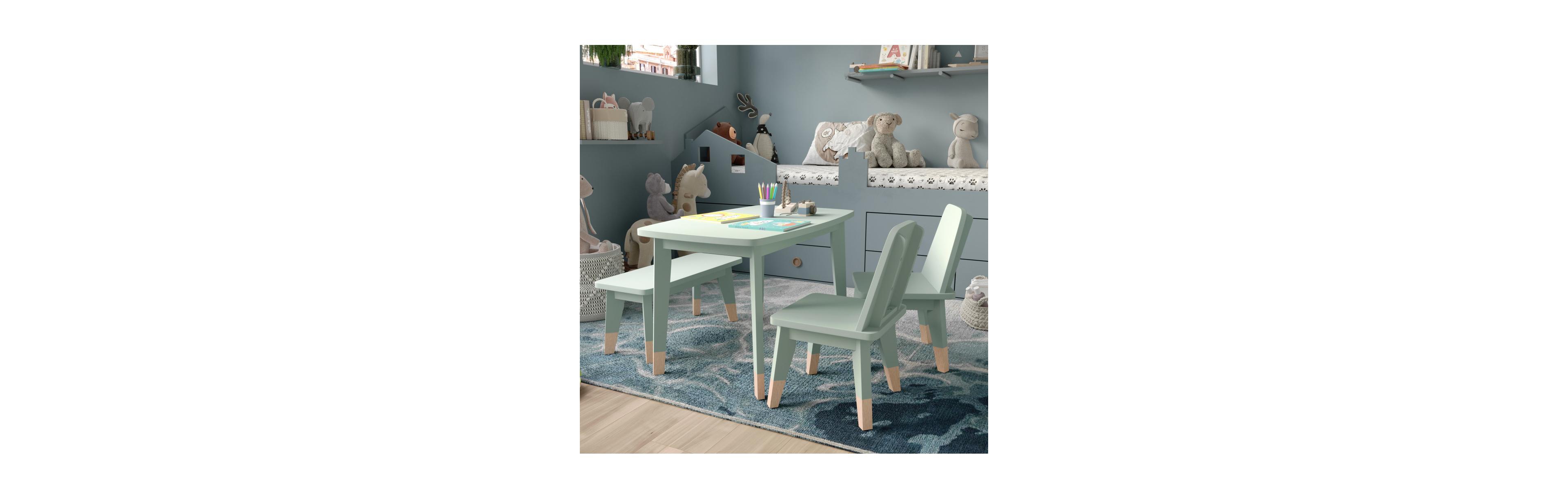 Buzz & Bloom Kids 4-Piece Wood Table, 2 Chairs, and Bench Seating Set with Rounded Corners
