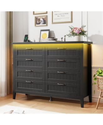 Farmhouse 5 Drawer Dresser with Charging Station and LED Lights, Slim Wooden Bedroom Dresser