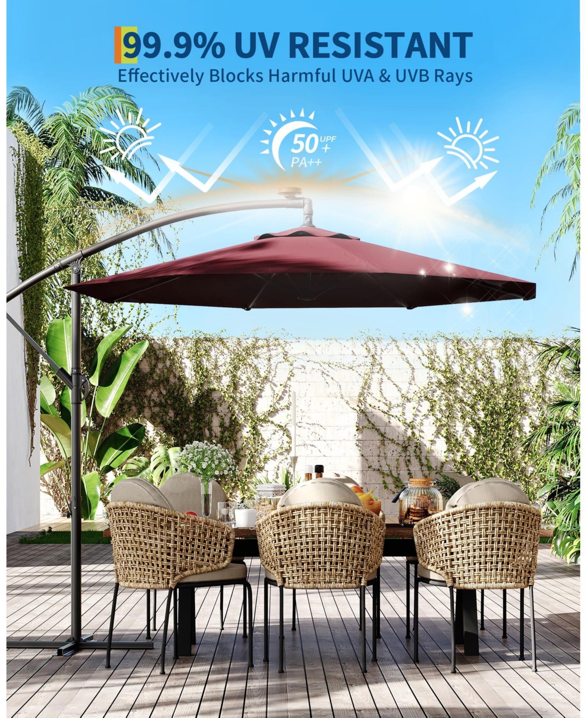 gaomon 10feet Outdoor 360degree(s) Rotation Offset Patio Umbrella with Base, Sun Protection for Deck, Poolside, Backyard