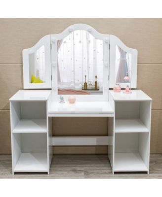 Princess Vanity Table and Chair Set for Girls, Tri-Folding Mirror with Touch Light, Convertible Vanity Desk with Storage