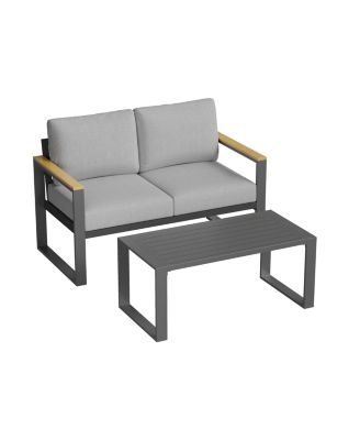 All-Weather Indoor/ Outdoor Loveseat Sofa Set for Balcony, Garden, Deck, Living Room with Coffee Table