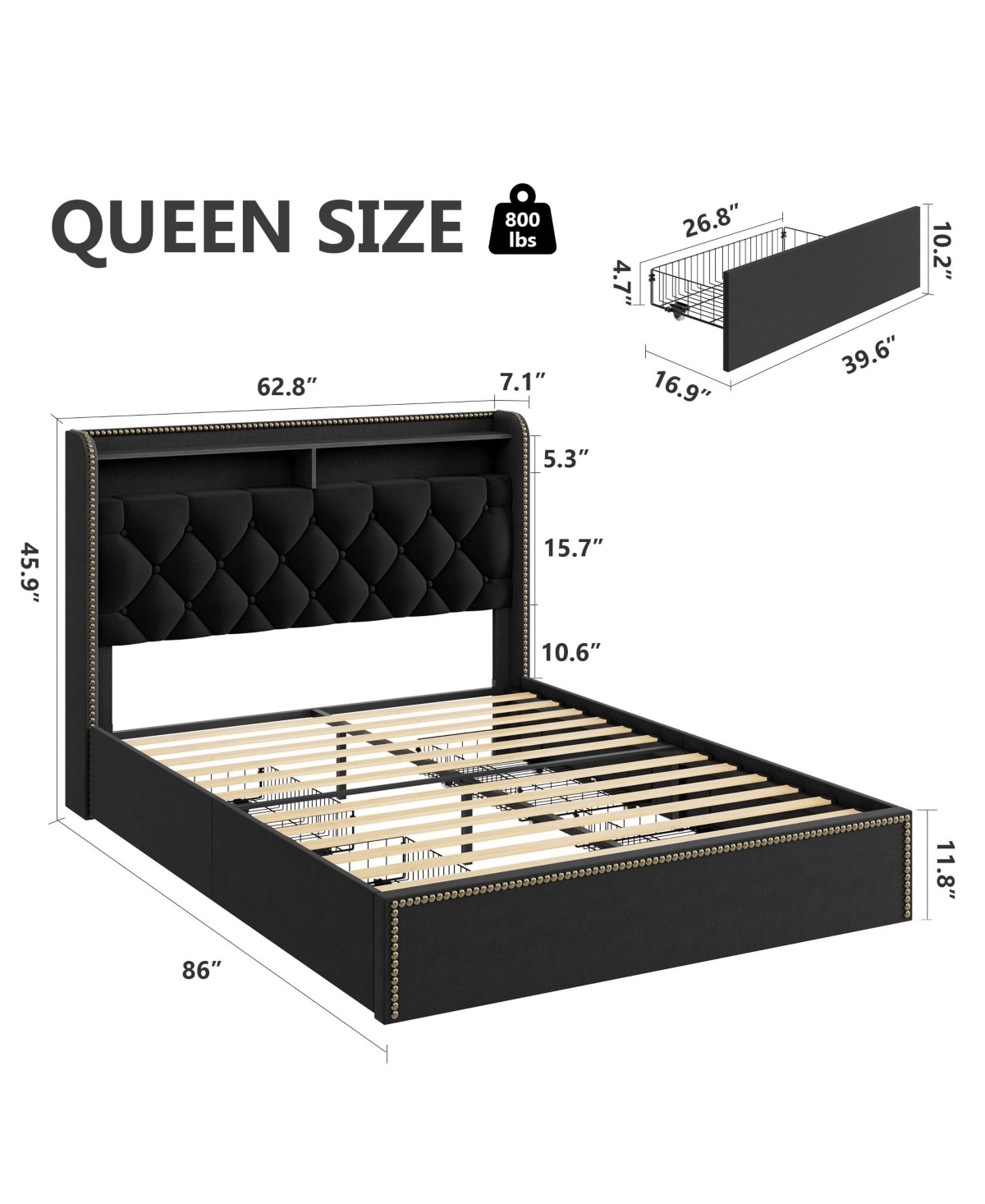 homfan Velvet Bed Frame with 4 Storage Drawers