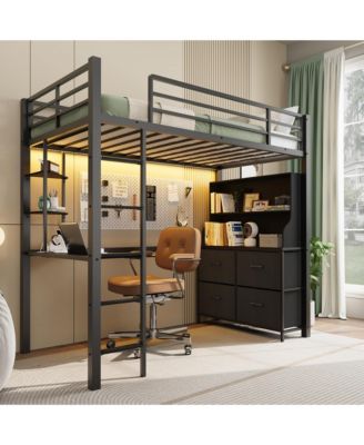 Loft Bed with Desk, Metal Loft Bed with LED Lights, 4 Large Fabric Drawers and Open Shelves, Power Outlets and Safety Guardrails