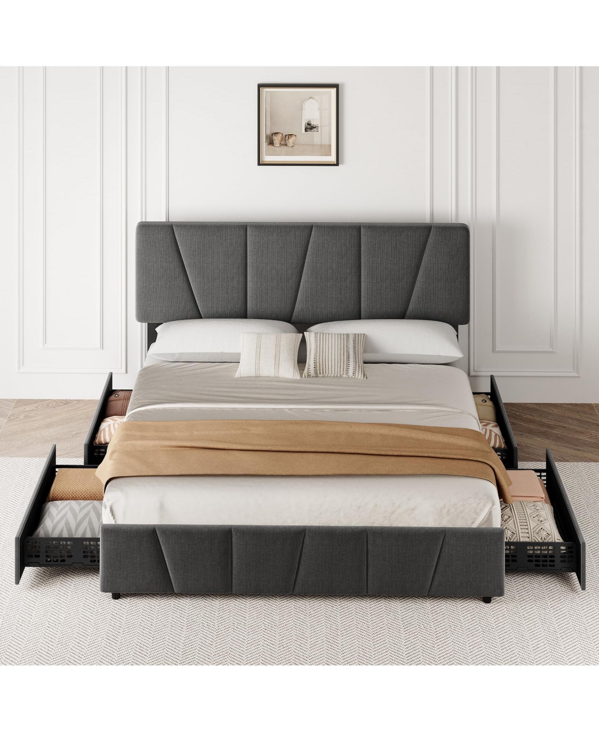 homfan Modern Linen Upholstered Bed Frame,with 4 Storage Drawers, Adjustable Headboard, No Box Spring Needed, for Bedroom