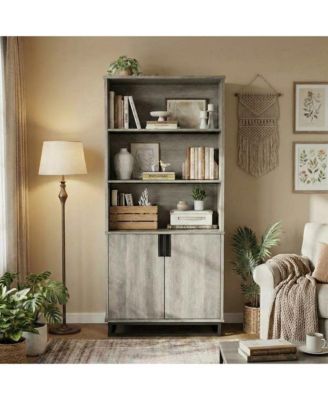  Tall 5-Tier Farmhouse Bookcase with Doors, Storage Cabinet and Adjustable Shelves