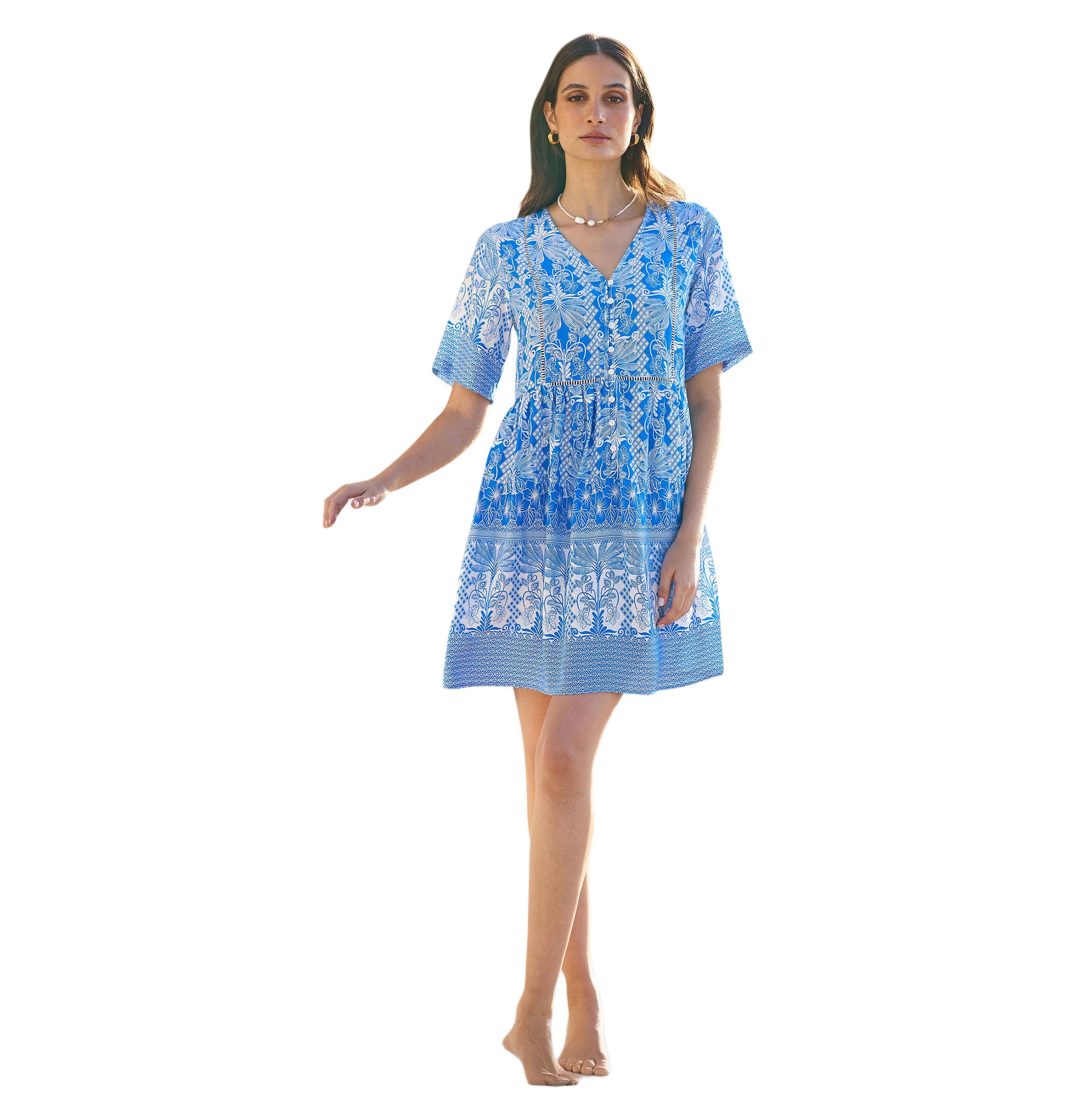 Yumi Women's Short Sleeve V-Neck Palm Relaxed Dress