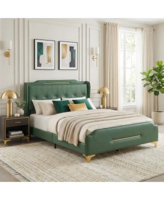 Modern Upholstered Bed Frame, Queen Size Platform Bed with Wingback Headboard