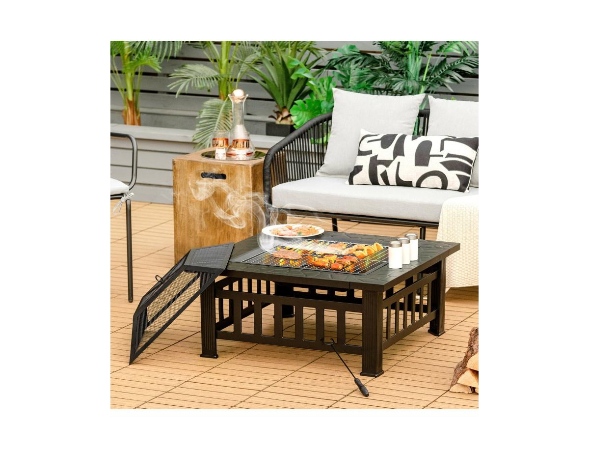 Mondawe 32 Inch 3 in 1 Outdoor Square Fire Pit Table with Bbq Grill and Rain Cover for Camping