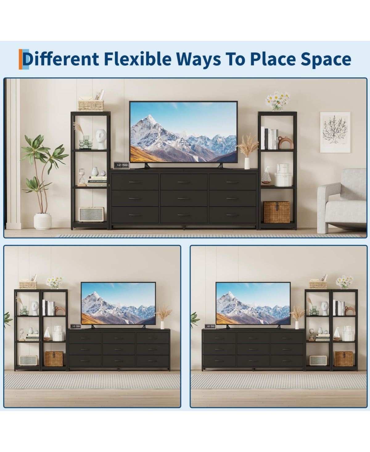 gaomon Tv Stand for 75 Inch Tv, Entertainment Center with Led Lights and Power Outlets, Modern Tv Media Console with 9 Drawers