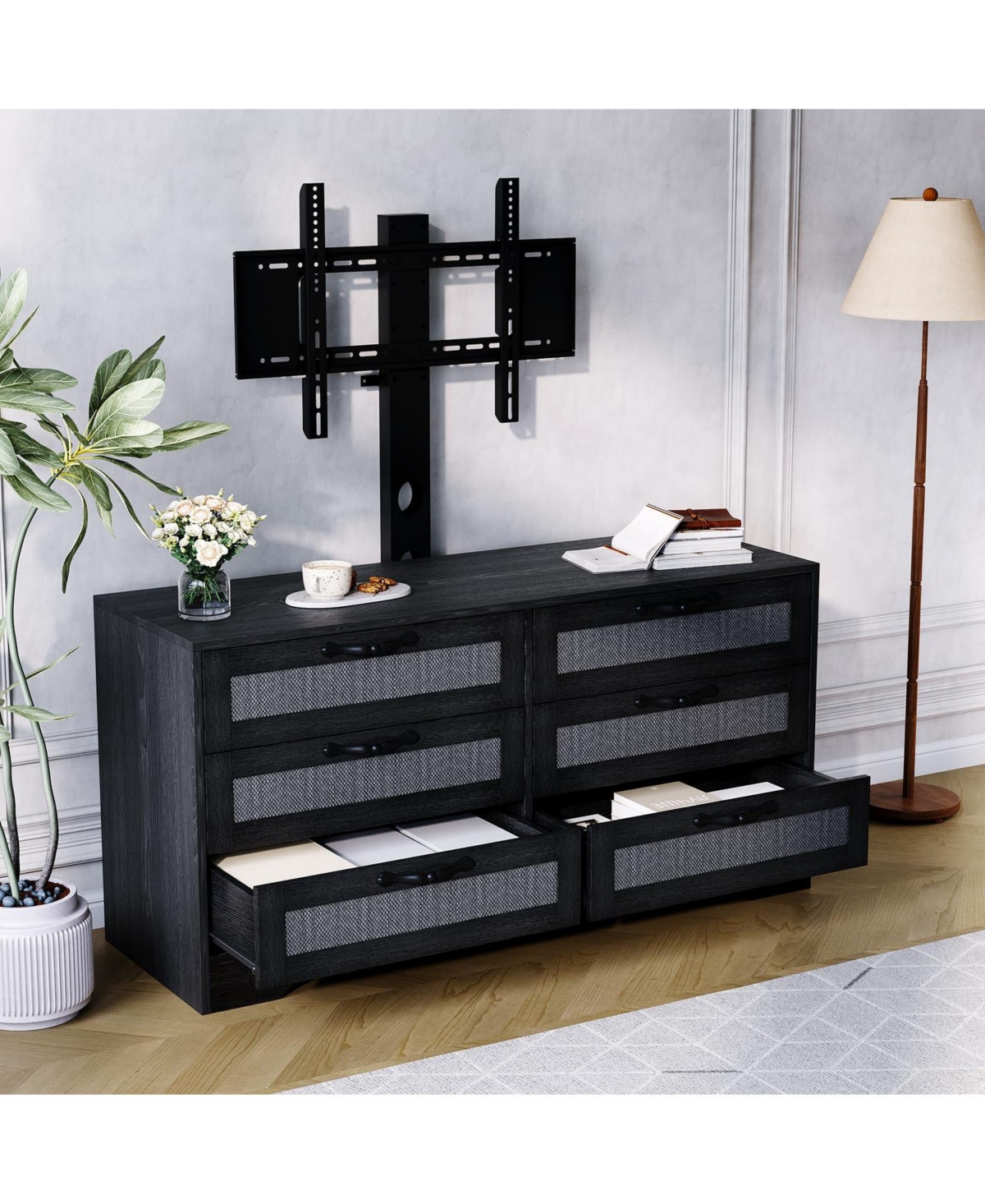 gaomon 47.2 Rattan Tv Stand with Mount for TVs 32–85", Modern Media Console with 6 Rattan Drawers and Adjustable Bracket