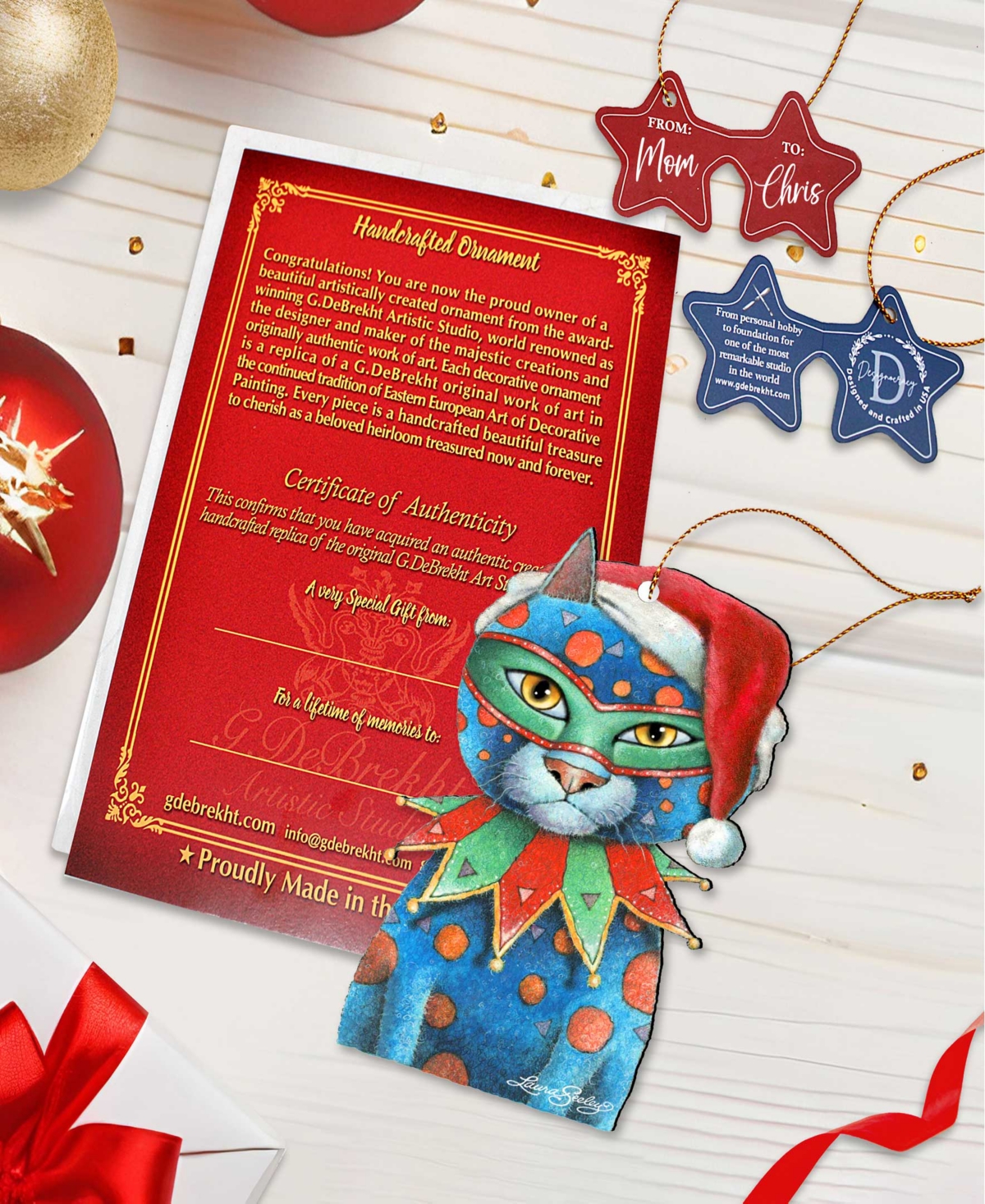 Designocracy Mardi Gras Santa Cat Wooden Ornament by Laura Seeley Pets Decor Set of 2