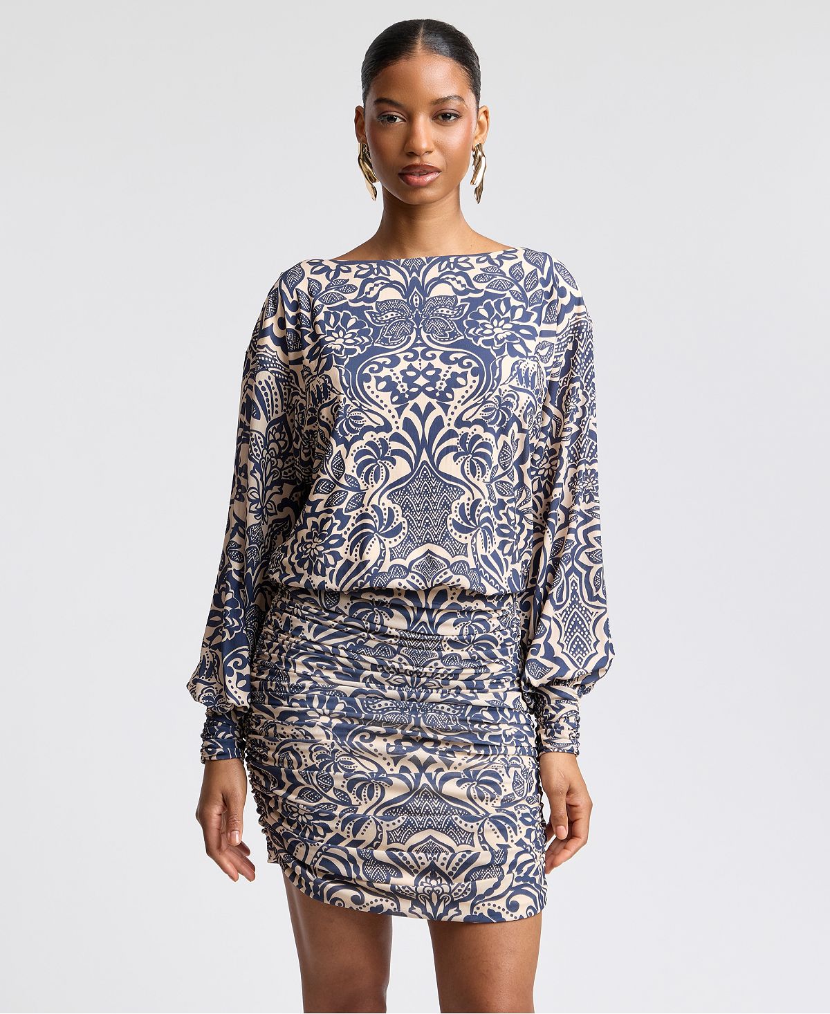 Avec Les Filles Women's Boat Neck Ruched Printed Mini Dress view 5 — MAYCSS fashion products