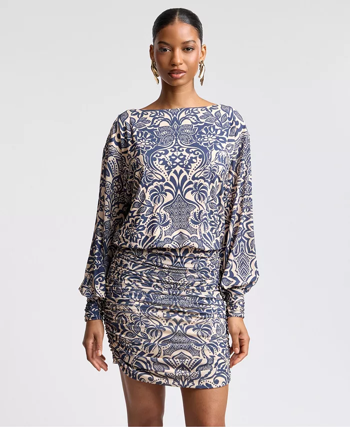 Women's Boat Neck Ruched Printed Mini Dress - thumbnail 6