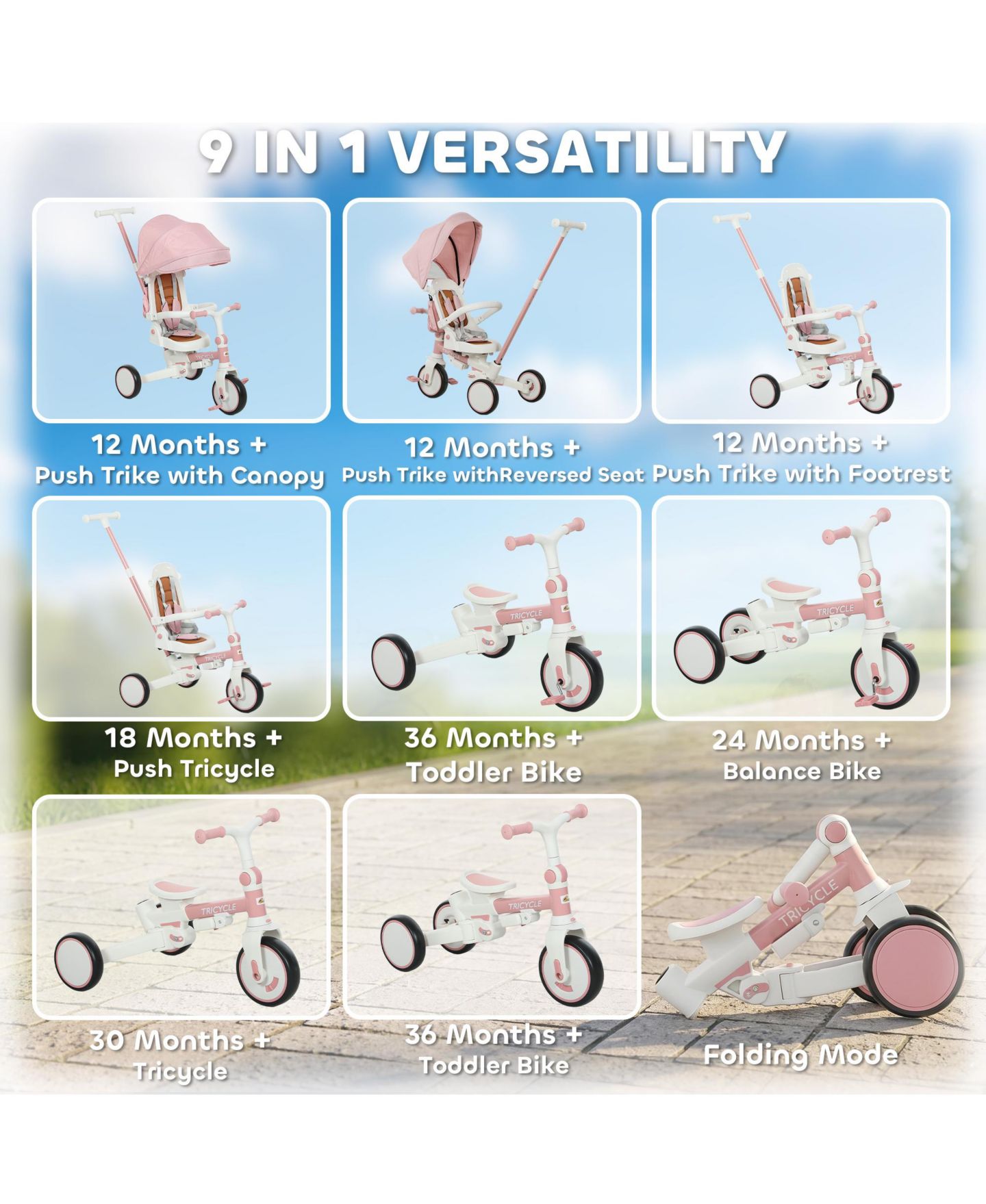 Детская игрушка Qaba 7-In-1 Tricycle Stroller with Adjustable Push Handle, Ages 1-5 Years, цвет: Розовый — фото 4