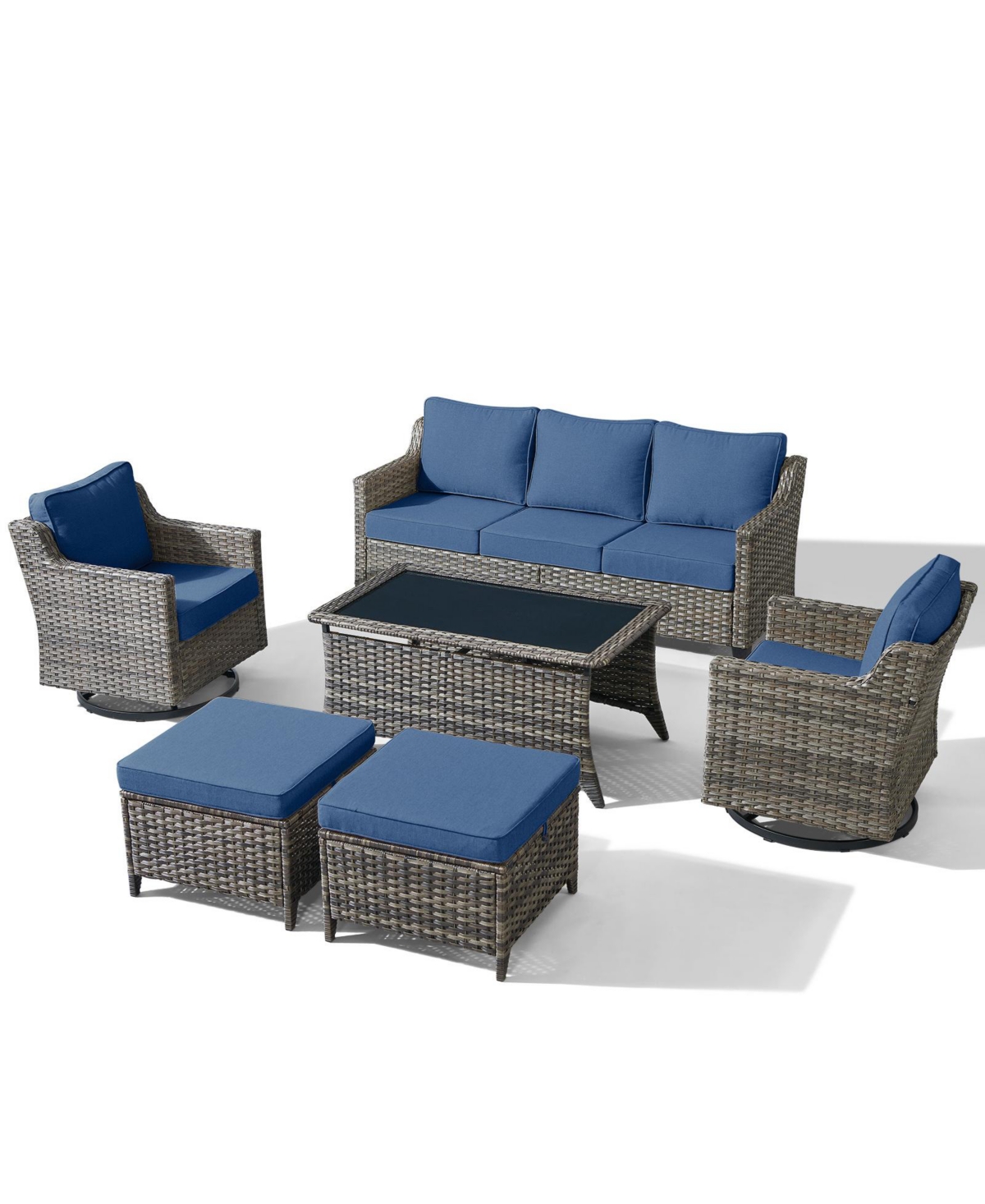 Pocassy 6 Pieces Patio Furniture Set, Outdoor Couch with Swivel Rocking Chair, Thick Cushion