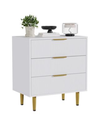 Fluted 3-Drawer Dresser with Faux Marble Top, Gold Handles, Metal Legs, and Storage for Bedroom, Hallway, or Entryway