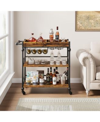 3-Tier Bar Cart with Wheels, Rolling Beverage Cart with Wine Rack and Removable Tray