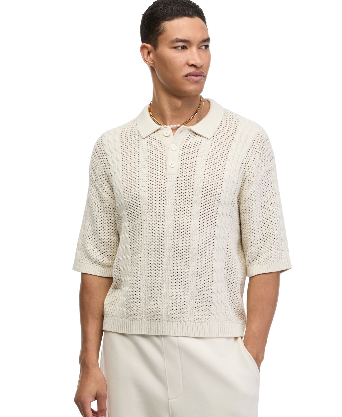 Мужское поло Mode of One Sam Relaxed-Fit Cable-Knit Polo, цвет: Ванильный — фото 1