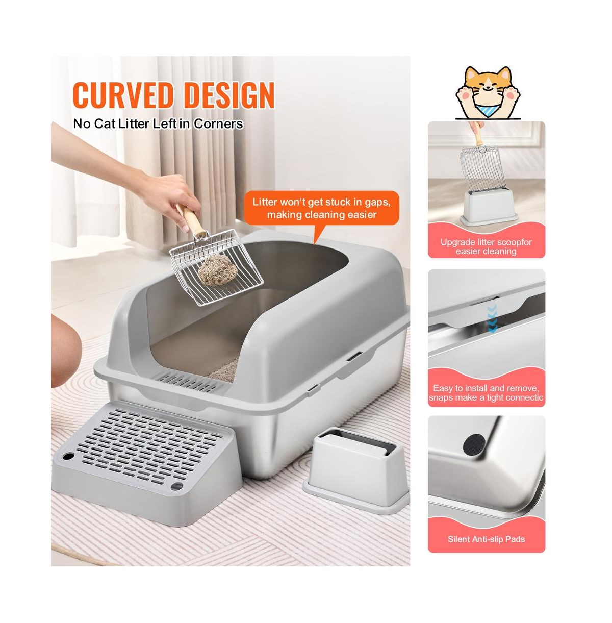 Ruie Stainless Steel Cat Litter Box Xl 6 In Deep With Scoop Filter Foot Board