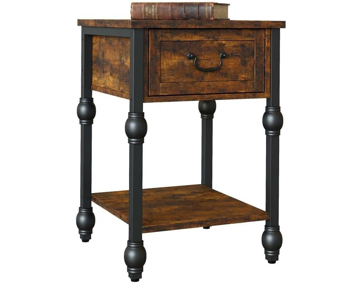 homfan Industrial End Table with Drawer and 2 Tiers, Retro Brown Nightstand for Bedroom Living Room