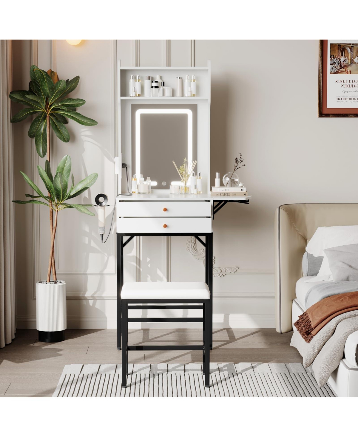 Homfan vanity desk with Led mirror, touch dimming, 3 color modes, power outlet, 2 drawers, 2 shelves, and padded stool.