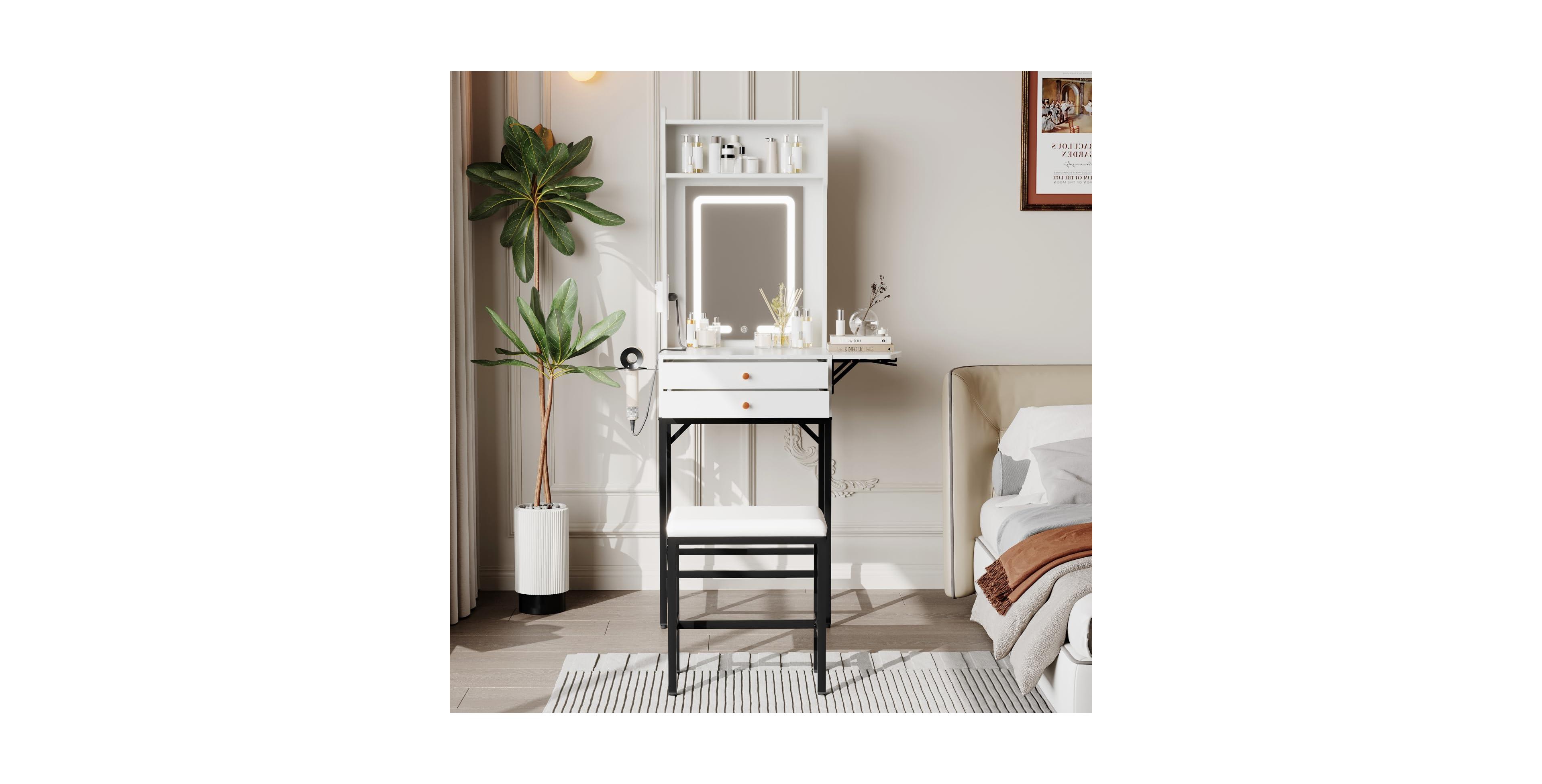 Homfan vanity desk with Led mirror, touch dimming, 3 color modes, power outlet, 2 drawers, 2 shelves, and padded stool.