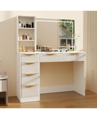 Vanity with 6 Drawers and Charging Station, Fluted Table with Mirror and Lights, Modern Adjustable Shelves and Glass Top for Women