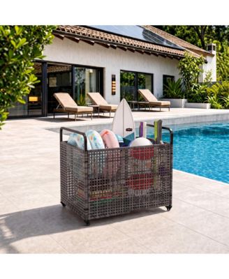 Outdoor Poolside Storage Bin with Wheels, Mesh Sides, and 2 Handles for Floats, Noodles, Toys, and Balls