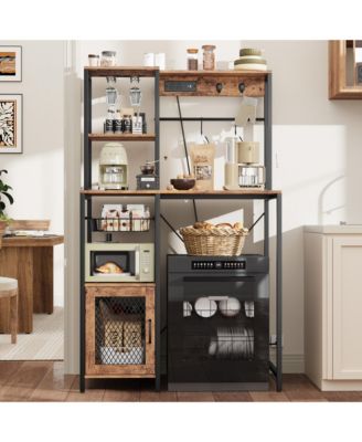 Kitchen Bakers Rack with Refrigerator Storage Space, Industrial Microwave Stand with Power Outlet, Freestanding Kitchen Shelf for Pantry