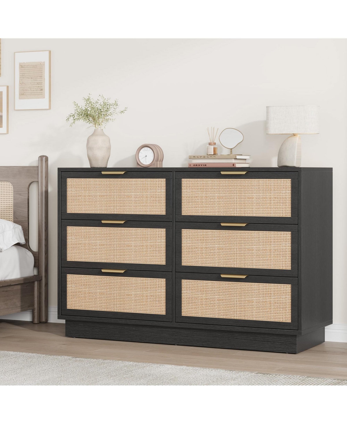 homfan 6-Drawer Rattan Dresser with Integrated Legs, 47" Wide Boho Chest for Bedroom Hallway Entryway Closet