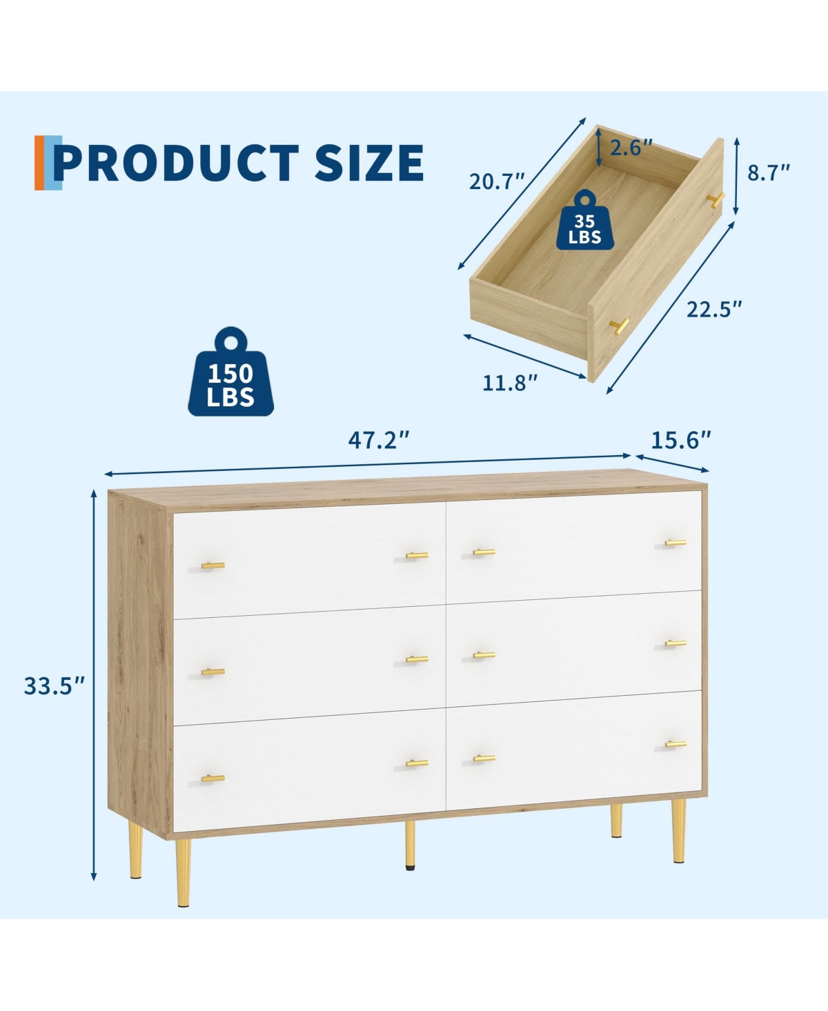 homfan 6-Drawer Farmhouse Dresser, Wide Wood Rustic Chest of Drawers with Bar Handles for Bedroom Living Room Hallway