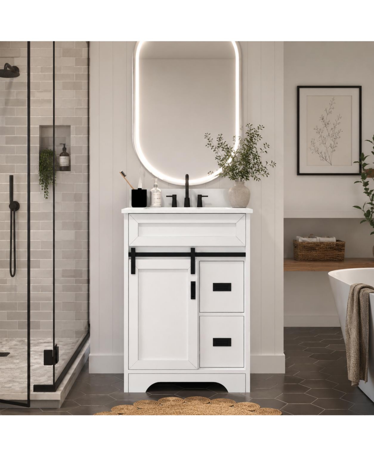 Phying 24 Inch Farmhouse Bathroom Vanity Freestanding Single Undermount Sink Cabinet with Sliding Barn Doors and 2 Drawers